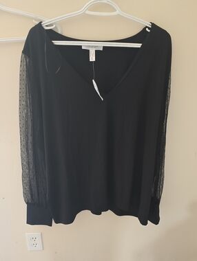 Worthington Black V-Neck Blouse with Sheer Dotted Sleeves